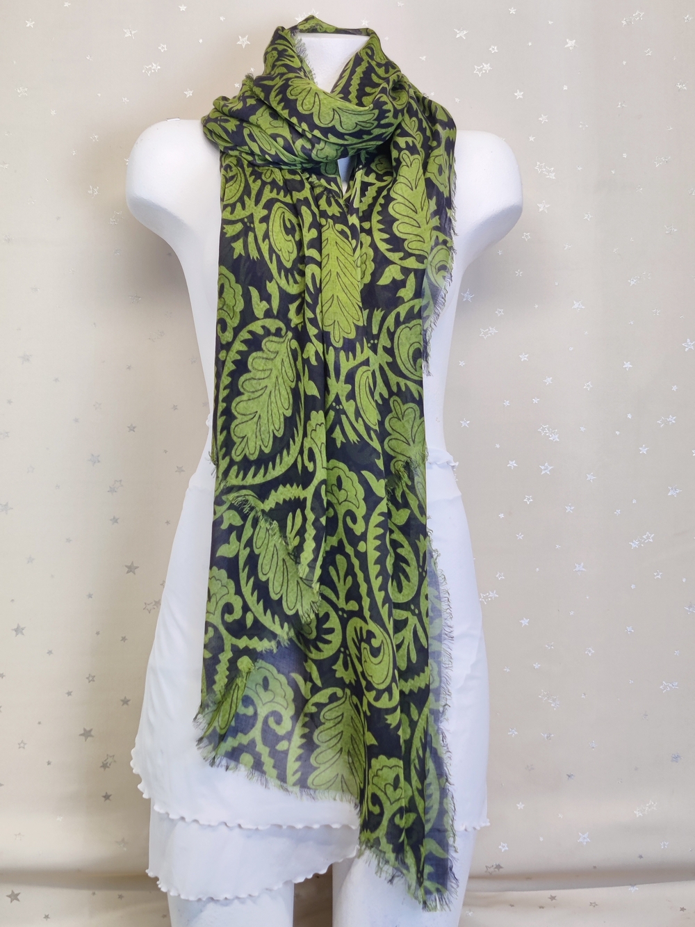 Naturally Knotty 100% Modal Scarf Wrap 40x78 Black & Lime Green Botanical Print